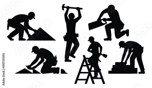 Construction workers silhouettes performing various tasks and using tools on white background