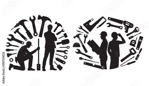 Industrial construction worker silhouettes with hand tools isolated on white background set