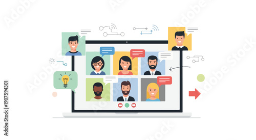 Illustration of a diverse group of people on a video conference call on a laptop screen with various icons and speech bubbles around it on a white background.