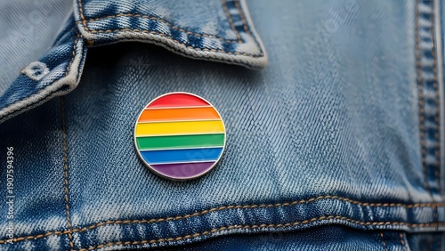 Vibrant rainbow pride enamel pin affixed to a classic denim jacket, signifying solidarity with the LGBTQ+ community and embracing diversity, identity, and individual expression