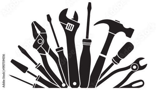 Tools silhouette icons set with wrench hammer screwdriver pliers and other equipment vector