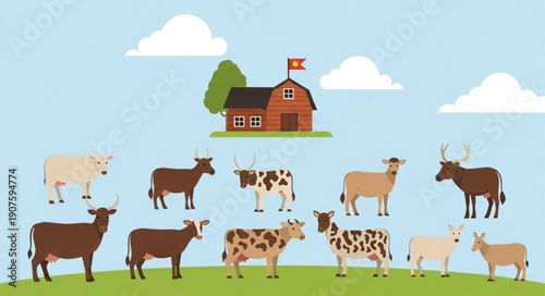 Farm animals collection with barn and green field illustration.