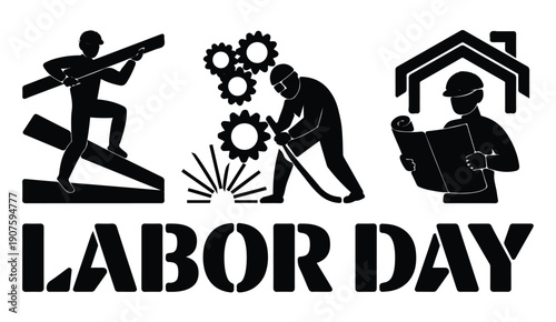 Labor day design elements showing construction welding and architectural planning silhouettes