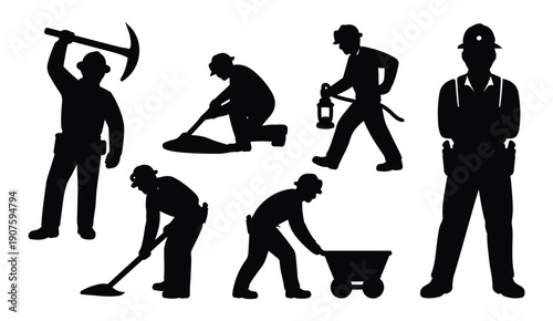 Miners holding pickaxe and lantern, black silhouette vector illustration on white background