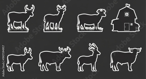 Farm animals and barn silhouettes on dark background.
