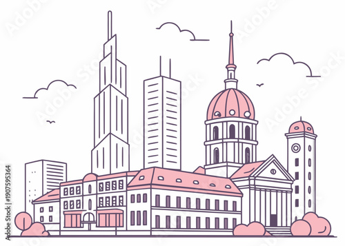 Modern Skyscraper Cityscape with Domes Vector Line Art