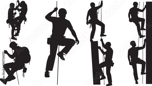 Silhouettes of people rock climbing and rappelling safely outdoors
