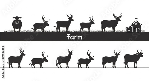 Farm animals and deer silhouettes on white background.