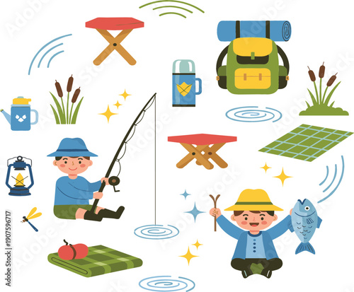 Kids camping and fishing adventure set with backpack picnic gear and outdoor activities, cute nature exploration cartoon flat vector illustration isolated on white background