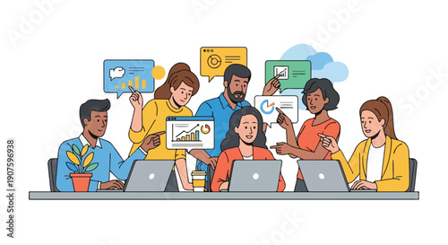 Illustration of a diverse group of people collaborating over laptops with colorful speech bubbles in a plain white background.