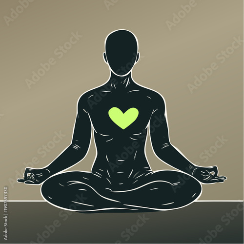 quiet, centered, heart‑led stillness; silhouetted figure in a calm meditation pose with a glowing heart centered in quiet grounded stillness