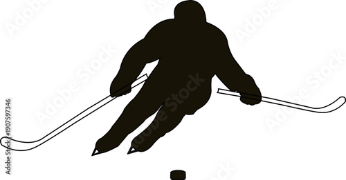 Dynamic black silhouettes of ice hockey players skating, shooting, and handling pucks. Perfect for sports branding, winter tournament posters, and minimalist athletic graphic designs