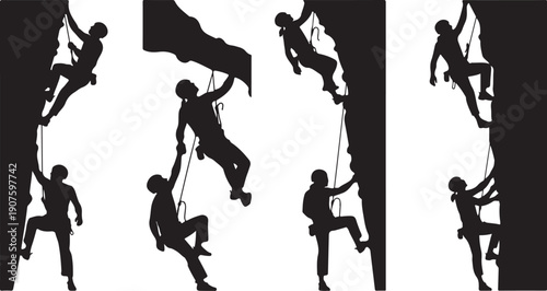 Silhouettes of people rock climbing with ropes and flag