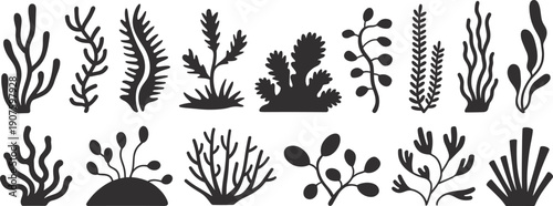 Collection of black silhouettes of various underwater plants and seaweed Keywords: underwater, plant, seaweed, kelp, coral