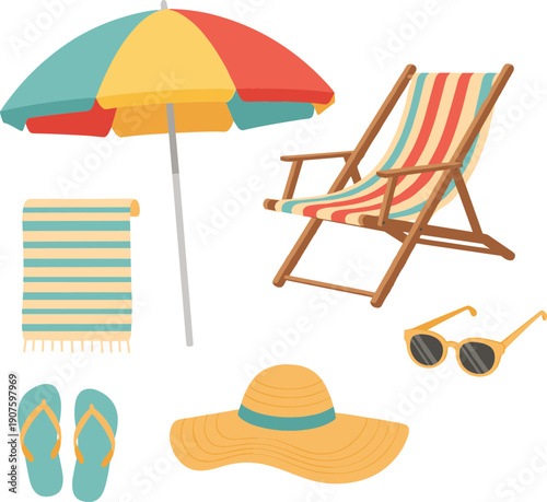 Summer beach vacation essentials set with umbrella deck chair towel sunglasses hat and flip flops, seaside leisure cartoon flat vector illustration isolated on white background