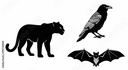 Silhouettes of a panther, crow, and bat in a dark, mysterious environment viewed from the side.