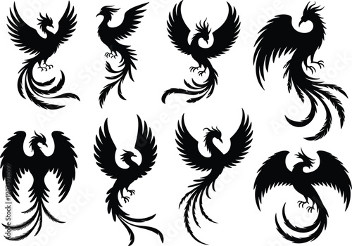Collection of eight black silhouette phoenix bird illustrations on white background mythical creature
