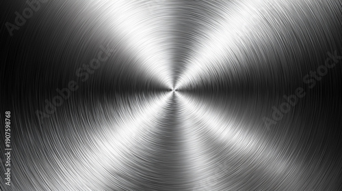 Abstract circular brushed metal texture with radial light reflection and steel surface details