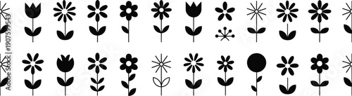 Collection of simple black and white flower icons and illustrations in two rows Keywords: flower, icon, illustration, simple