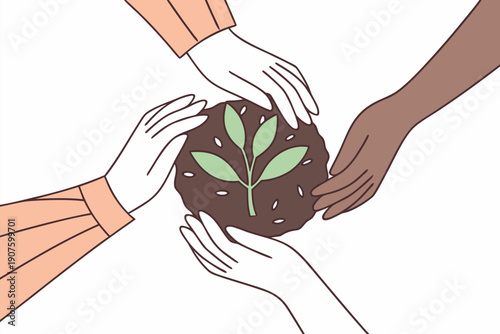 Collaborative Hands Around Seedling: Shared Responsibility and Growth for a Sustainable Future