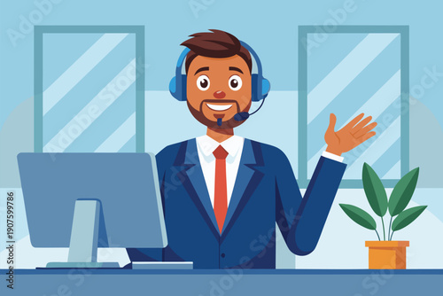 Cheerful customer service professional with headset at clean desk in bright modern office, assisting clients with computer and plant decor, conveying friendly support and reliable business service.