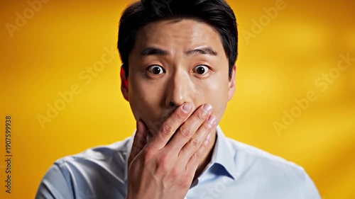 A young man expresses extreme surprise with wide eyes and an open mouth
