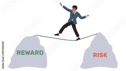 Businessman balancing between risk and reward on a tightrope