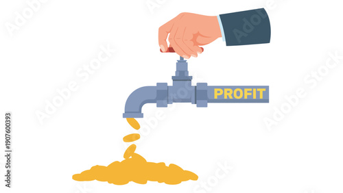 Profit faucet pouring out gold coins with a hand controlling the flow