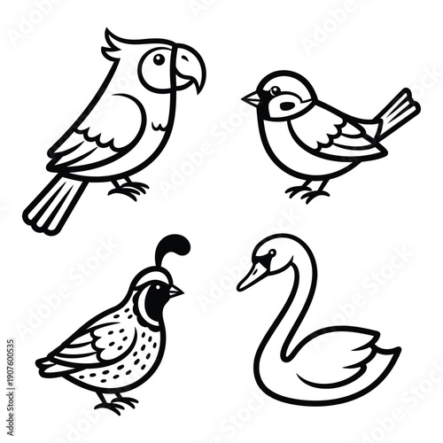 Diverse Bird Species Outline Icons Set - Parrot, Sparrow, Quail, and Swan for Nature and Wildlife