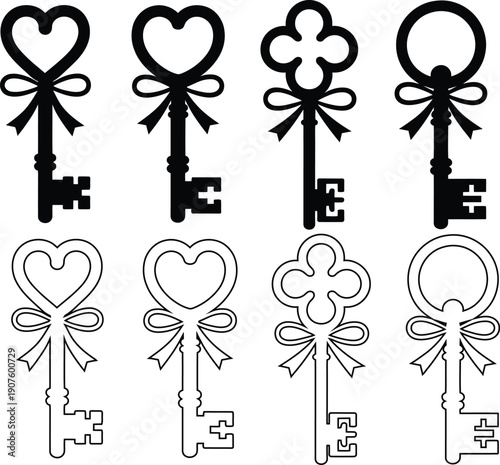 Decorative vintage keys with bows in silhouette and outline styles , key, vintage, decorative, silhouette