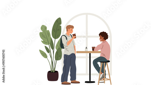 Coffee shop vector illustration of two friends chatting over coffee drinks