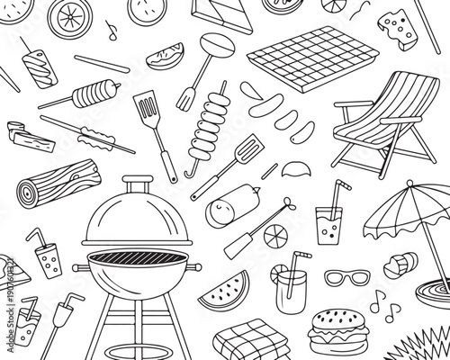 Summer picnic and barbecue elements hand drawn doodle pattern illustration