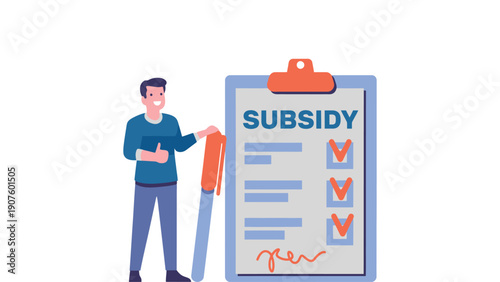 Subsidy application form with a smiling man holding a large pen