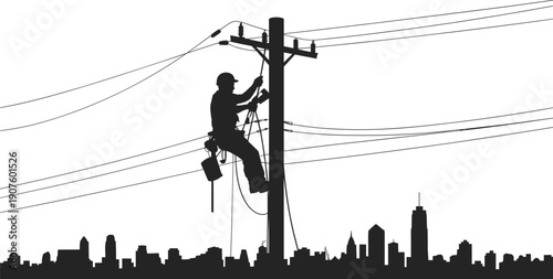 Electrician silhouette working on power lines against a city skyline and white background Keywords: electrician, power lines