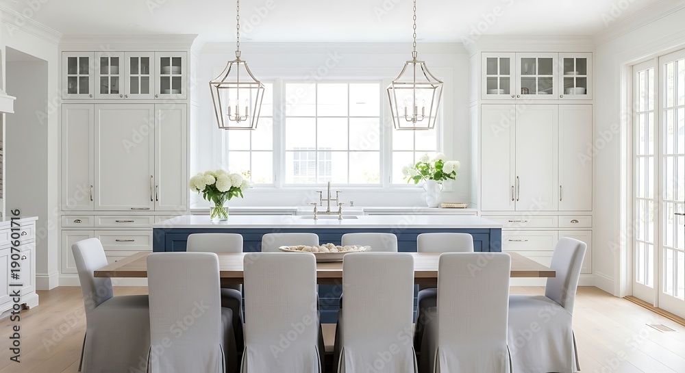 Fototapeta premium Elegant white dining room with large island and comfortable chairs.