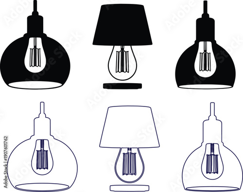 Set of six industrial style lamp silhouettes in black and navy blue outline , lamp, light, bulb, pendant, desk