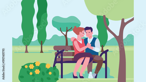 Couple sitting on a park bench together in a romantic setting