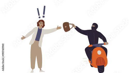 Scooter rider stealing a handbag from a shocked woman in a vector illustration