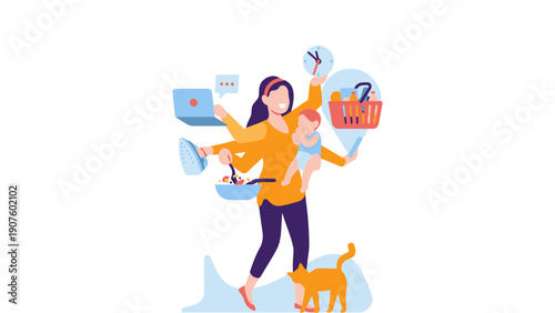 Multitasking mother juggling work, childcare, and household tasks with a smile.