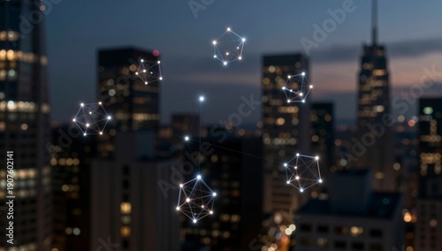 Luminous geometric network connections overlaying a blurred city skyline at dusk