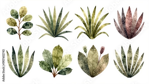 Watercolor illustrations of various leafy green and muted tone plants and foliage elements