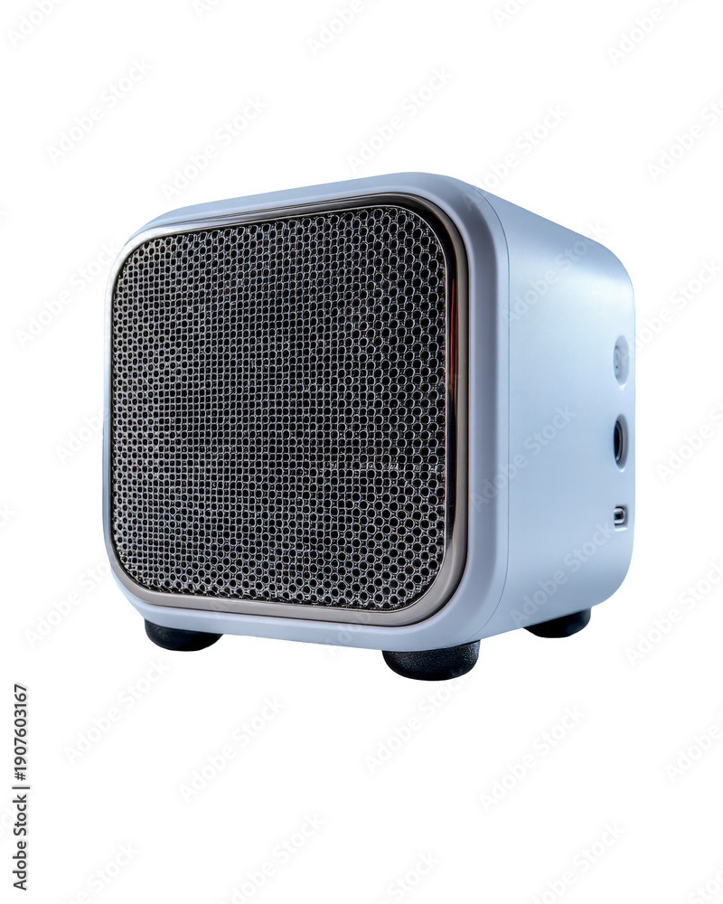 Fototapeta premium Small modern Bluetooth speaker on tabletop with angled grille and stabilizing rubber feet