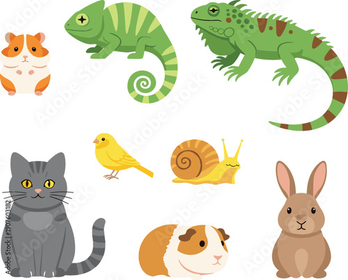 Cute Animals and Pets Vector Set Featuring Cat, Rabbit, Hamster, Iguana, Chameleon, Snail and Bird for Kids Illustration Design