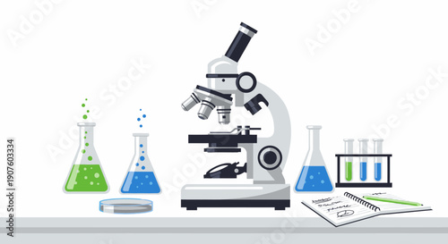 Modern science lab equipment illustration: microscope, colorful beakers, test tubes, petri dish, and notes.