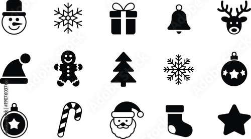 Set of Christmas icons including snowman snowflake gift bell reindeer hat gingerbread man tree ornament candy cane Santa sock