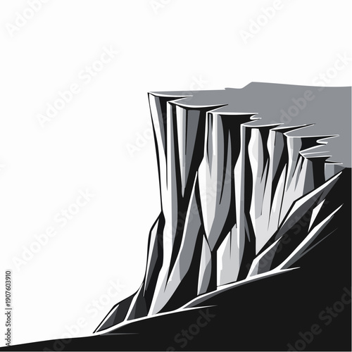 Vector illustration of a rocky cliffside with detailed textures and sharp edges in grayscale