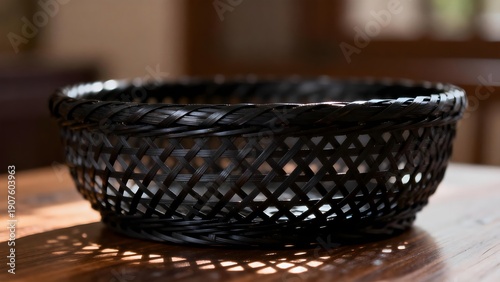 BlackWovenBasketOnWoodenTable