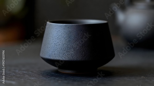 Black Ceramic Tea Cup Closeup