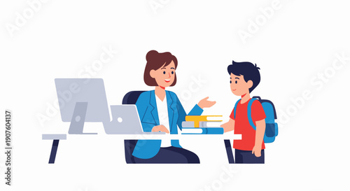 Friendly female teacher in a blue blazer talking with a young student at her office desk.