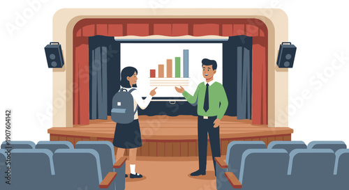 Male teacher in a green shirt explaining a bar chart to a female student with a backpack on a wooden stage.